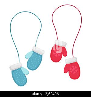 Set of red and blue mittens with fur and pattern. Mittens with elastic band in a flat style. Decorative element in a flat style for Christmas design. Stock Vector