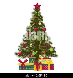 Christmas tree decorated with Christmas tree toys, balls, beads and a star. Gift boxes under the tree. For greeting cards, flyers. Isolated on a white Stock Vector