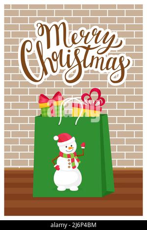 The concept of a new year, Christmas greeting card with the words Merry Christmas. Gift bag on the background of a brick wall.Vertical greeting card t Stock Vector