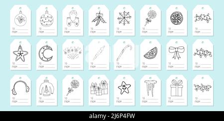 Large set of tags for gift boxes. A collection of labels with Christmas and winter elements hand-drawn in Doodle style. Black and white vector illustr Stock Vector