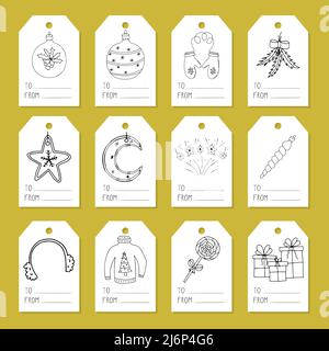 Collection of tags for gift boxes. A set of labels with hand-drawn Christmas and winter Doodle elements. Black and white vector illustration isolated Stock Vector