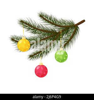Spruce branches with colorful Christmas balls. Elements of Christmas decor in a flat style, isolated on a white background. Vector illustration for Ne Stock Vector