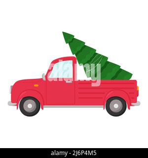 Car with a Christmas tree on the roof. Illustration in a flat style isolated on a white background. Element of new year and Christmas design Stock Vector