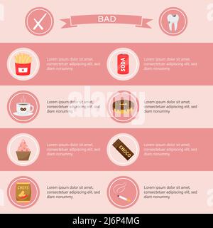 Medical and dental infographics. Poster template with a table with harmful and tooth-damaging products and space for text. Round icons with food, coff Stock Vector