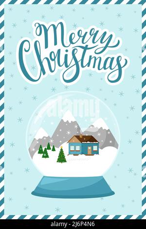 concept of a new year, Christmas greeting card with the words Merry Christmas. Snow globe on a blue background with snowflakes.Vertical greeting card Stock Vector