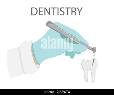 Dental treatment. A gloved hand holds a dental drill.Treatment of caries, drilling tooth. Professional appointment with the dentist.Tooth with a cario Stock Vector