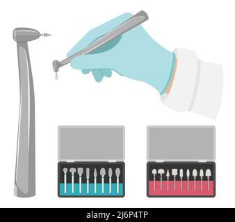 Dental drill and a set of cutters for it. The hand holds drill with a grinding nozzle.Different attachments for dental care,cleaning and treatment.Vec Stock Vector