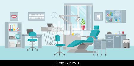 Concept of a dental unit with an adjustable chair, lamp, shelf, sink and window. Medical office in a flat style. Modern interior and equipment in the Stock Vector