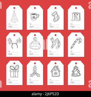 Collection of tags for gift boxes. A set of labels with simple hand-drawn Christmas and winter Doodle elements. Black and white vector illustration is Stock Vector