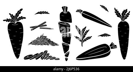 Carrot silhouettes in Doodle style. Collection of hand-drawn vegetables. A set of elements isolated on a white background. For food packaging design, Stock Vector