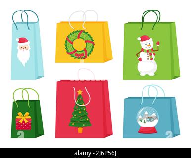 A set of gift or shopping bags with Christmas elements. Cute illustrations with characters and symbols of Christmas. Isolated vector illustrations on Stock Vector