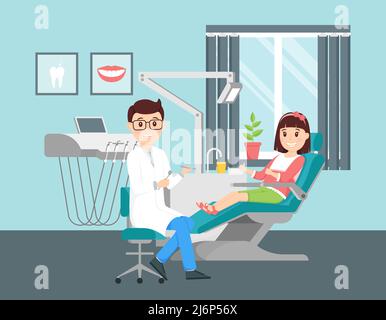 A girl is sitting in a chair at a dentist appointment and her thumbs up. Male doctor holding instruments.Concept of a dental office. Cute characters p Stock Vector