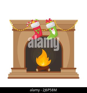 Fireplace with fire and Christmas socks. Illustration in a flat style isolated on a white background. Element of new year and Christmas design. Templa Stock Vector