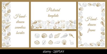 A set of templates for design on the sea, summer theme. Horizontal and vertical frames made of seashells.Seamless border. A collection of hand-drawn e Stock Vector