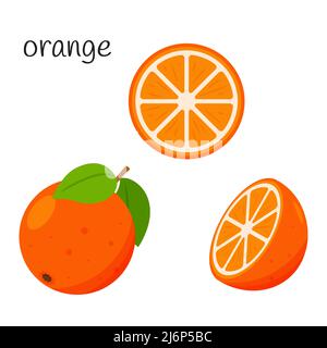 Whole orange with leaves, half and slice. Citrus fruit icon. Flat design. Color vector illustration isolated on a white background Stock Vector