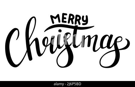 Hand lettering with the words Merry Christmas. Illustration with text for greeting cards and tags. Black and white text vector illustration. Isolated Stock Vector