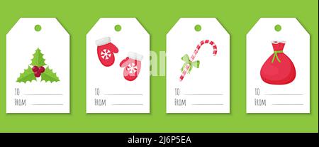 A set of labels and tags for gifts with Christmas elements. Holly, mittens with fur, a bag of gifts, candy cane with a bow.Cute illustrations in a fla Stock Vector