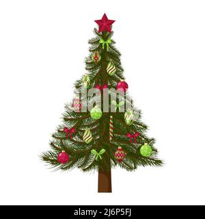 Christmas tree. A decorated tree with toys, balls, and a star. For the design of new year's posters, flyers, advertising and postcards. Isolated on a Stock Vector