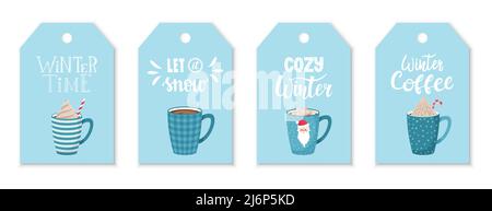 A set of tags with blue coffee and cocoa mugs with whipped cream and hand lettering on the theme of winter and coffee. Labels with hand lettering on a Stock Vector