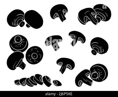 Hand-drawn champignons. Silhouette of mushrooms isolated on a white background. Whole, cut, slices, halves. Black and white vector illustration for fo Stock Vector