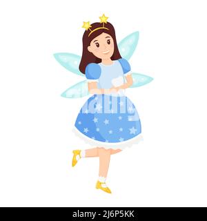 Tooth fairy, Princess with a tooth in her hands flying on wings. Cute cartoon character in a dress is smiling. The girl-elf. Vector illustration for c Stock Vector