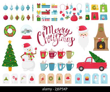 A large set of design elements on the theme of winter and Christmas. A collection of flat-style decorations. Cartoon characters, Christmas tree, gifts Stock Vector
