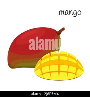 The mango is whole, and the half is nicely diced and turned out. Tropical, exotic fruit icon. Flat design. Color vector illustration isolated on a whi Stock Vector