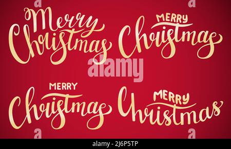 A set of inscriptions with the words Merry Christmas. Hand lettering. Illustration with gold letters for greeting cards and tags. Color vector illustr Stock Vector