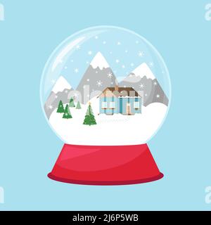 A snow globe with a house, snowdrifts and mountains inside. Cute toy, a symbol of winter, new year and Christmas. Illustration in a flat style, isolat Stock Vector