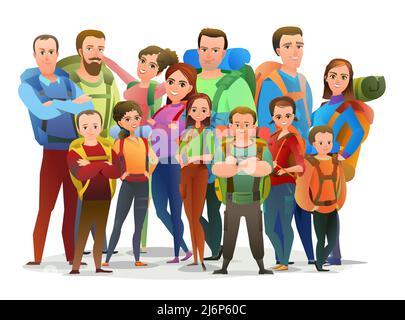 Man, women and child tourist backpacker. Backpack on his back. Cheerful person. Standing pose. Cartoon comic style flat design. Single character Stock Vector