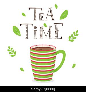 https://l450v.alamy.com/450v/2j6p60j/a-cup-of-tea-striped-cup-with-cocoa-or-coffee-handwritten-inscription-tea-time-hand-lettering-color-vector-illustration-in-a-flat-style-with-plant-2j6p60j.jpg