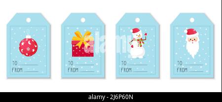 A set of labels and tags for gifts with Christmas elements. Christmas tree toy, gift box, snowman and Santa Claus. Cute illustrations in a flat style Stock Vector