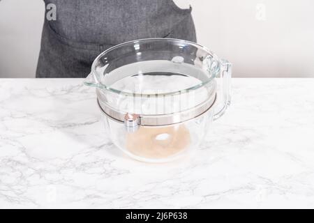 Activating dry yeast in a large glass mixing bowl to prepare the pizza dough. Stock Photo