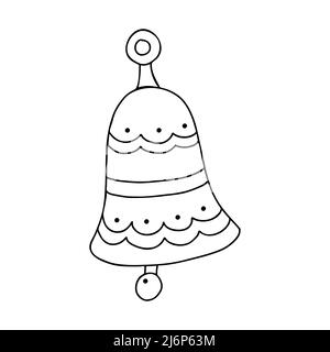 A bell with a Christmas ornament in the Doodle style. The sketch is hand-drawn and isolated on white. Element of new year and Christmas design. Outlin Stock Vector