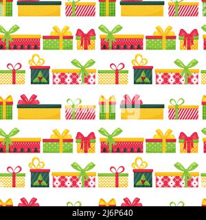 Bright seamless pattern with multi-colored gift boxes on a white background. Great for wrapping paper, gift boxes. Flat objects are isolated and hidde Stock Vector