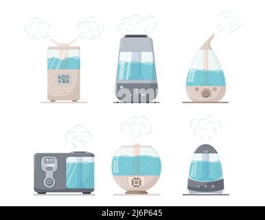 A set of steam ultrasonic humidifiers of different shapes. Household appliances for the home. A mist generator. vector illustrations in flat style. is Stock Vector