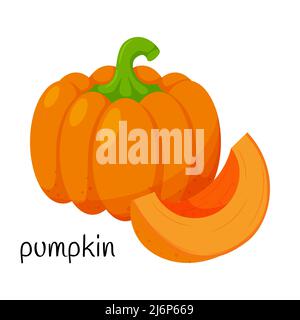 Pumpkin with a stalk. Whole and quartered. Vegetable, ingredient, food packaging design element, recipes, menu. symbol of harvest. Isolated on a white Stock Vector