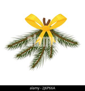 Spruce branches with a yellow bow. Elements of Christmas decor in a flat style, isolated on a white background. Vector illustration for New year and C Stock Vector