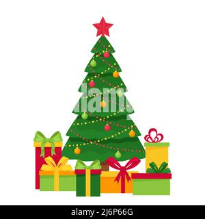 Decorated Christmas tree with toys, garland and star.Gift boxes under the tree. Element of Christmas and new year's design. postcard template. Vector Stock Vector