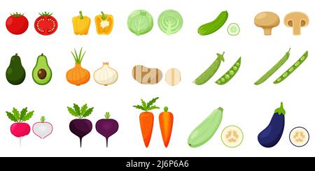 Set of vegetables. Pairs of whole and half vegetables in a cross section. Peas, beans, avocado, root vegetables. Food, vegetables in a flat style. Iso Stock Vector
