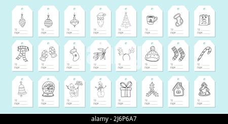 Large set of tags for gift boxes. A collection of labels with Christmas and winter elements hand-drawn in Doodle style. Black and white vector illustr Stock Vector