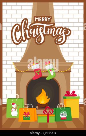Template new year,Christmas greeting card with the words Merry Christmas. Fireplace and gift bags and boxes on a white brick wall background.Concept o Stock Vector