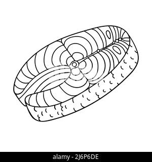 A slice of fish in cross-section. Seafood, Sea food. Outline sketch food illustration drawn by hand, isolated on a white background. Black white vecto Stock Vector