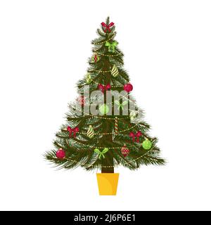 Christmas tree decorated with Christmas tree toys, balls, beads and bows design element for greeting cards, advertising flyers. Isolated on white Stock Vector