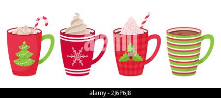 Set of mugs with coffee, tea, cocoa with marshmallow, straw and whipped cream and decorative topping. Hot drinks in mugs with Christmas patterns Stock Vector