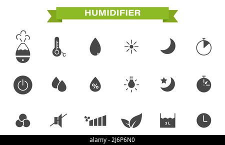 A set of flat simple monochrome icons on the theme of the humidifier. Buttons and symbols that indicate humidity, temperature, backlight, silent, nigh Stock Vector