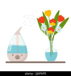 A humidifier and a bouquet of flowers in a clear glass vase with water. The concept of using an ultrasonic mist diffuser for plant care. Flat vector i Stock Vector