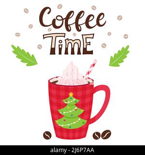 Checkered red coffee mug with whipped cream. Cup with a hot drink.Handwritten inscription - coffee time. Hand lettering. Vector illustration in flat s Stock Vector