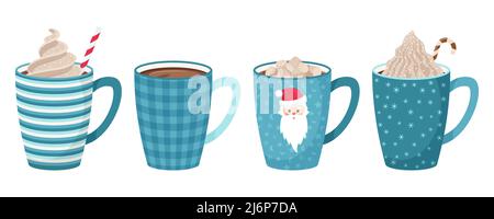 Set of mugs with coffee, tea, cocoa with marshmallow, straw and whipped cream and decorative topping. Hot drinks in mugs with Christmas patterns and e Stock Vector