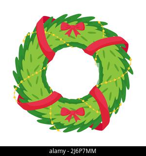 Christmas wreath with bows and ribbons. Illustration in a flat style isolated on a white background. Element of new year and Christmas design Stock Vector